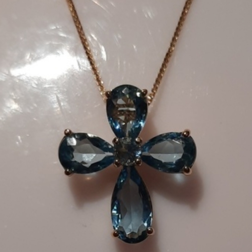 Solid 14K Yellow Gold Over Sterling Silver Blue Topaz Cross & Chain Dec Birthday